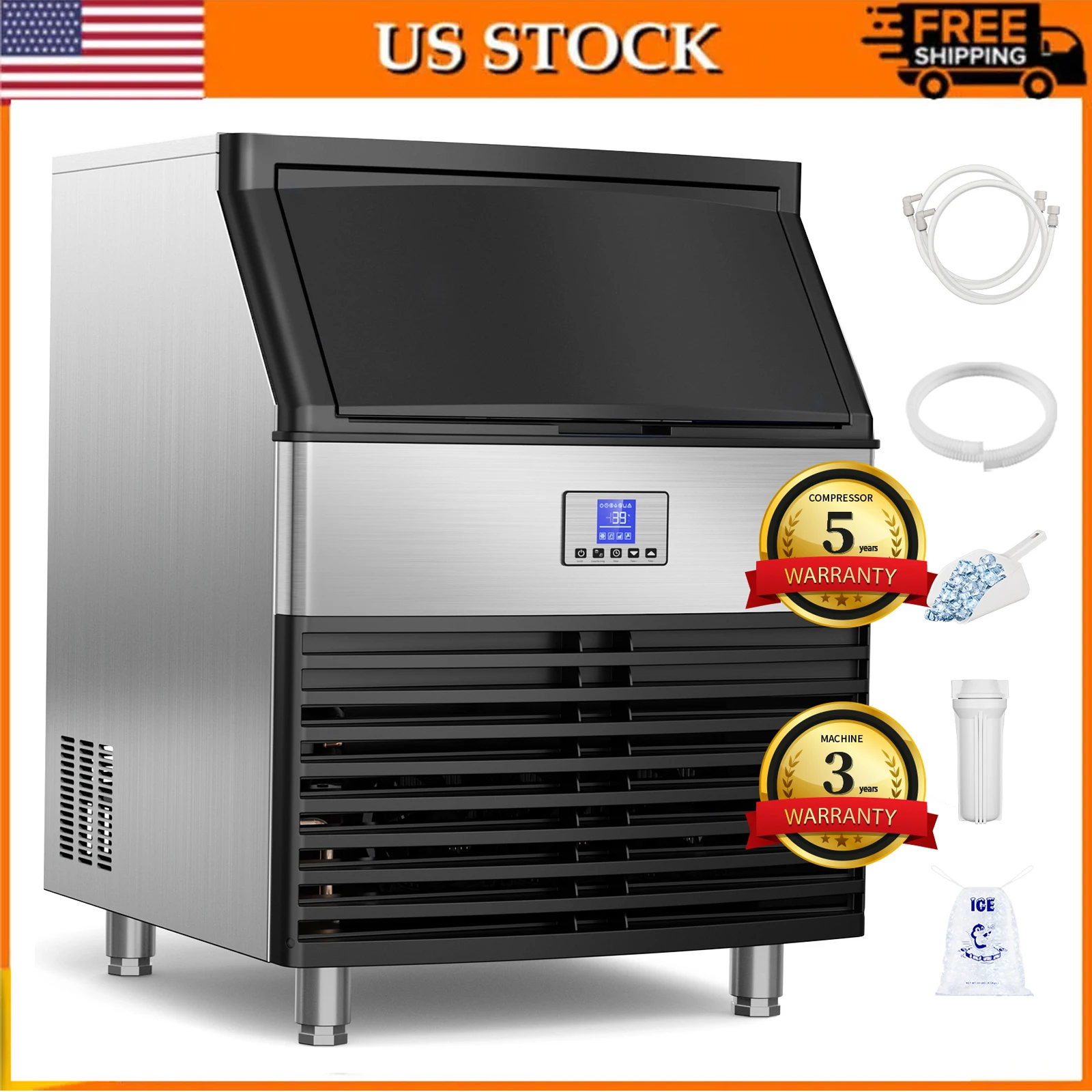 Commercial Ice Maker 320Lbs/24H Under Counter Ice Machine 515W Compressor with 120LBS Storage Bin Freestanding Ice Machine