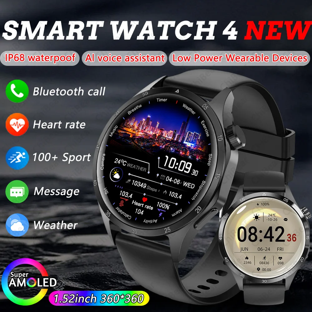 2025 New Smart Watch 4 Pro AMOLED Women Health HD Screen Heart Rate Bluetooth Call IP68 Waterproof Men Sports Fitness Smartwatch