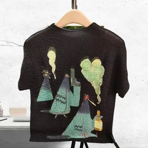 

Miyake Summer New T-shirt Pleated Printing Temperament Age-reducing Versatile and Thin Stand-up Collar Short-sleeved Top Women