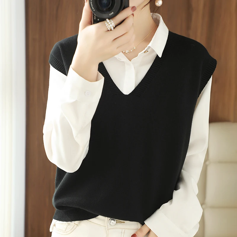 New cashmere knit vest female loose fashion sleeve V-Neck sleeveless sweater vest Soft and warm