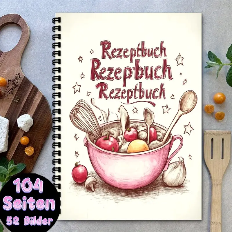

Блокнот для рецептов A5 Fun German Recipe, пустой блокнот для рецептов, на спирали, вмещает до 100 рецептов. Планировщик домашнего меню и здоровых рецептов.
