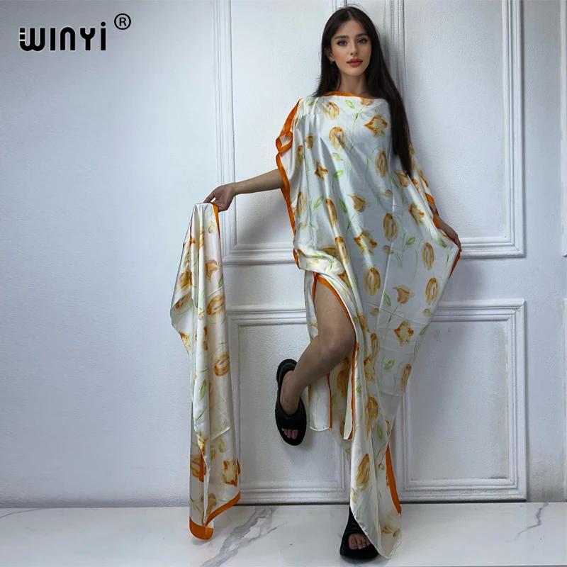 

WINYI abaya dubai luxury african Floral Print Crew Neck Long Sleeve Kaftan Dress, Elegant Maxi Length Dress, Women's Clothing