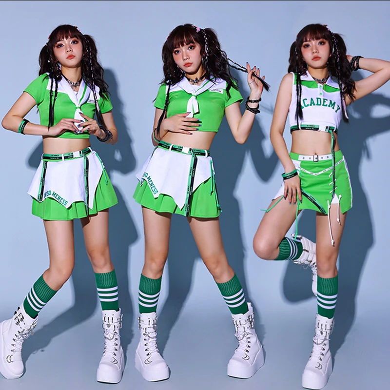 

2025 New Jazz Dance Costumes Kpop Outfit Adult Hip Hop Dancing Set Women Group Performance Suit Green Cheerleader Costume XH2453