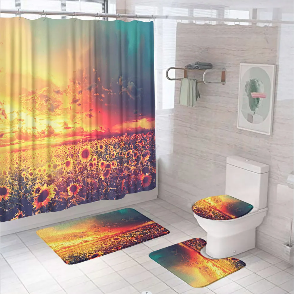 Sunflower Flower Field Shower Curtain Set Country Scenery Sunset Bathroom Curtains Non-Slip Bath Mat Pedestal Rug Toilet Covers