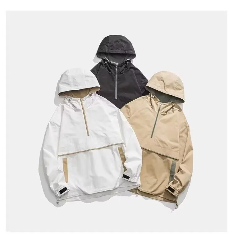 Men Anorak Jacket Spring Autumn Half Zip Hooded Windbreaker Loose Fit Streetwear Outdoor Sports Hip Hop Coat