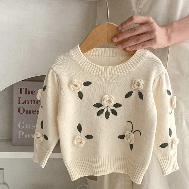 子供のための手作りセーター,花で刺繍されたセーター,新生児用セーター,春と秋の服 - AliExpress