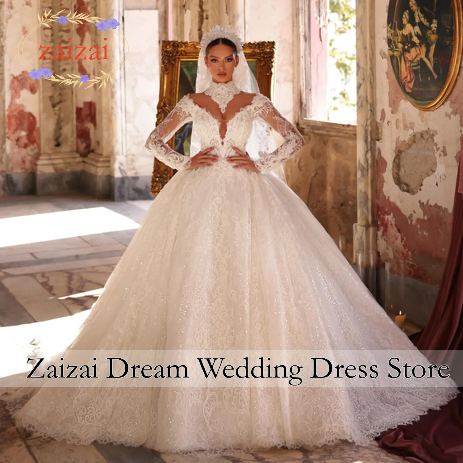 

Роскошное бальное платье с v-образным вырезом и длинными рукавами по индивидуальному заказу, жемчугом и блестками, кружевное бальное платье, свадебное платье Vestido De Novia