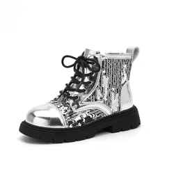 Autumn Children High-top Boots Girls Bling Sequin Design Leather Boots Princess Silver Fashion Boots