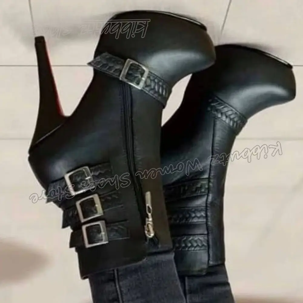 

Современные ботильоны на платформе с пряжкой на ремне, заостренный тонкий кожаный высокий каблук, однотонная модная элегантная лаконичная роскошная женская обувь, новинка