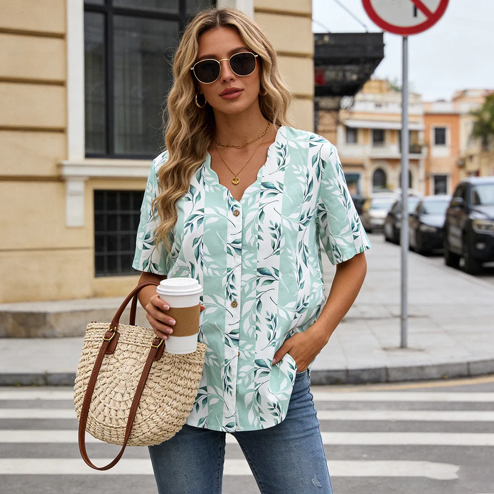 

Vacation Ready Leaf Print Top - Green & White Striped Short Sleeve Shirt (Relaxed Fit)