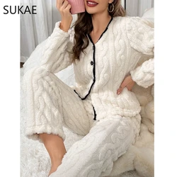 SUKAE Winter Women Pajamas Set Jacquard Fluffy Lady Sleepwear Elegant Plain White V-neck Lapel Thermal Pijamas Casual Nightwear