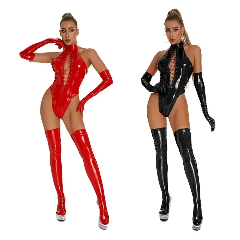 مثير سيدة الأسود بولي Leather الجلود اللاتكس Catsuits مطاطا Wetlook بولي الملابس الداخلية الملابس الداخلية ارتداءها خادمة عالية قطع ارتداءها كلوبوير المثيرة زي