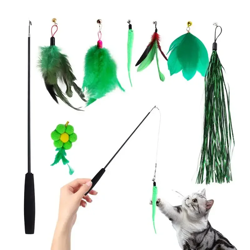 Cat Wand Toys 8pcs Cat Teaser Wand Green Interactive Catcher Teaser Cat Wire Toy Harmless For Cat Exercise Funny Exercise Snake