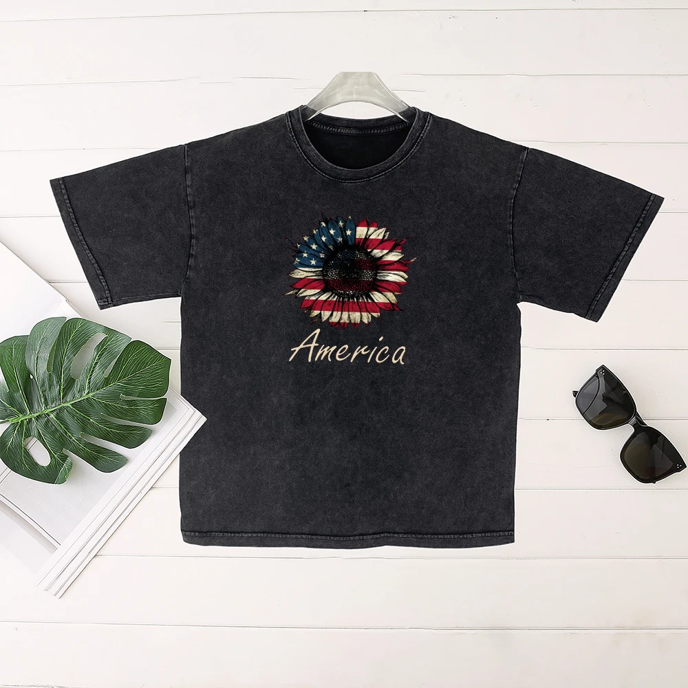 Seeyoushy American Flag Flower Print Independence Day Liberation Day Print Top Washed To Do Old Women's T-shirt Trend Streetwear