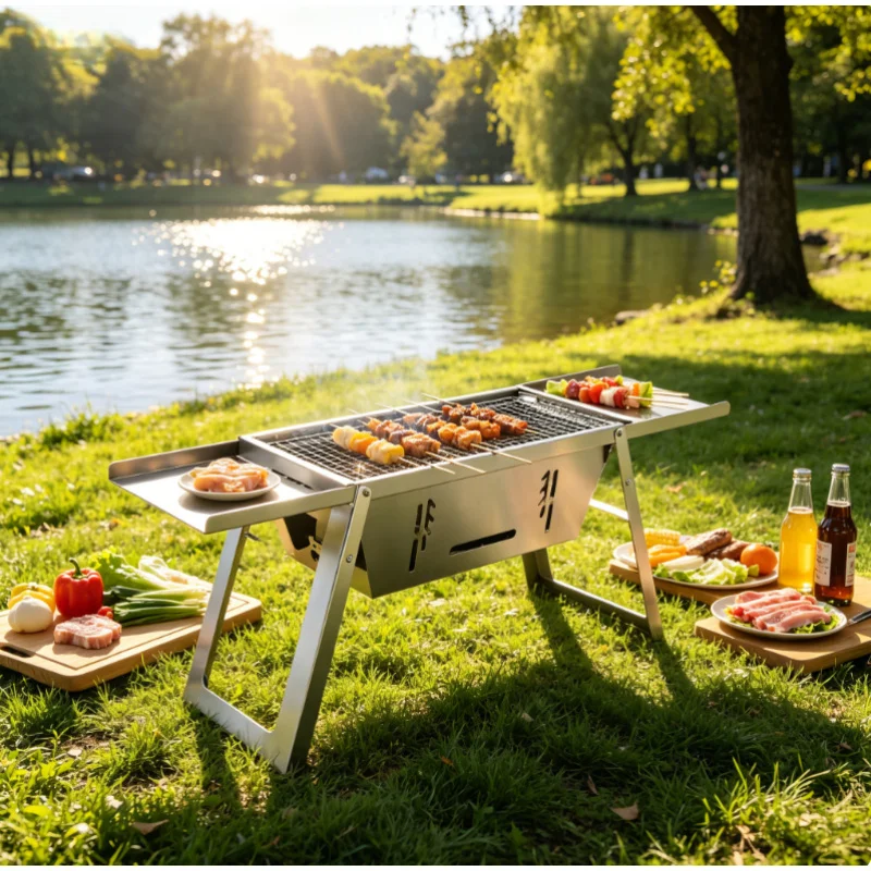 Barbecue portable en acier inoxydable, gril à charbon pliable pour l'extérieur, réchaud compact pour camping et pique-nique, support pour brochettes, ensemble de barbecue de voyage