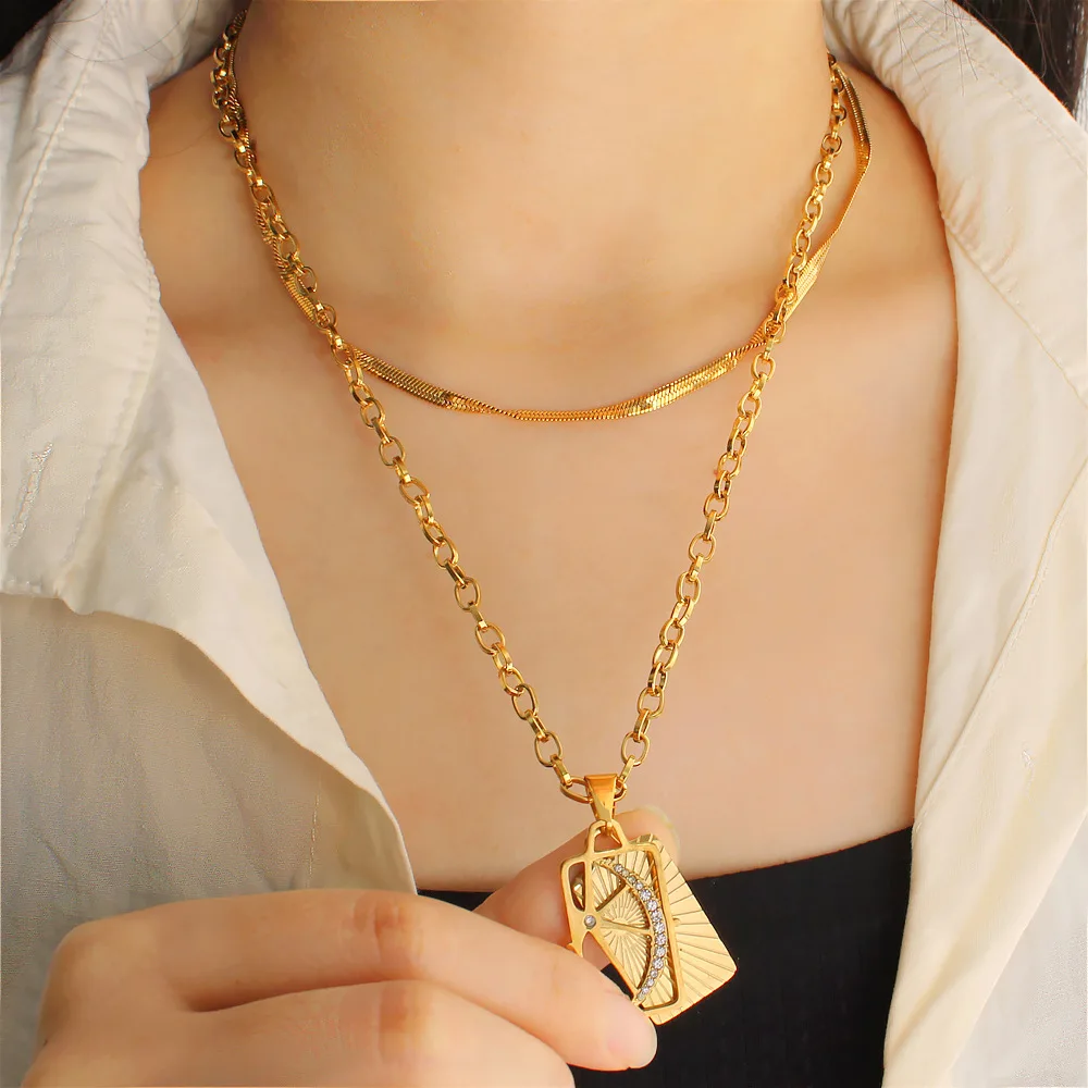 DIY accessories European and American fashion OL double-layer pendant necklace stainless steel 18K gold autumn and winter high-e