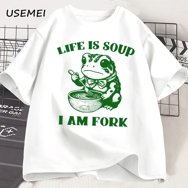 Life Is Soup I Am Fork T-shirts for Men Women Funny Frog Relatable Life T Shirt Cotton Soft Summer Short Sleeve Tees Clothes