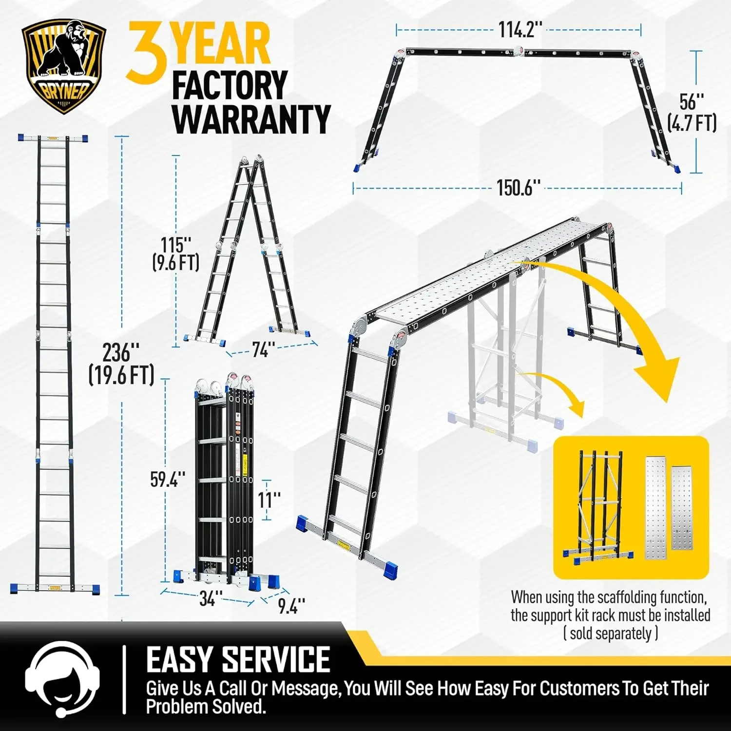 Imagem -06 - Multi-purpose Folding Step Ladder Telescópica Ajustável Extensão de Alumínio Suprimentos para Móveis 19.6ft em 1