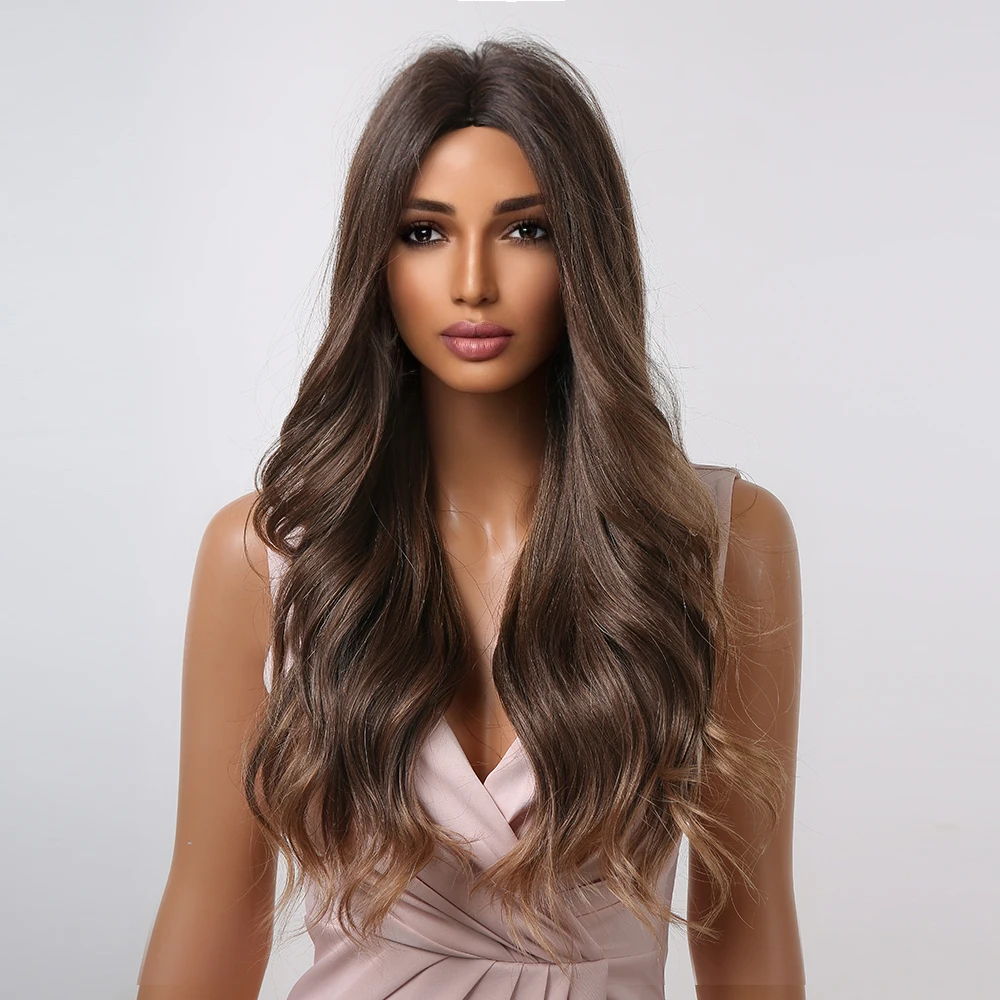 Long Brown Synthetic Wigs Ombre Light Brown Hair for Black Women Natural Wavy Wig Middle Part Cosplay Wigs Heat Resistant Fiber