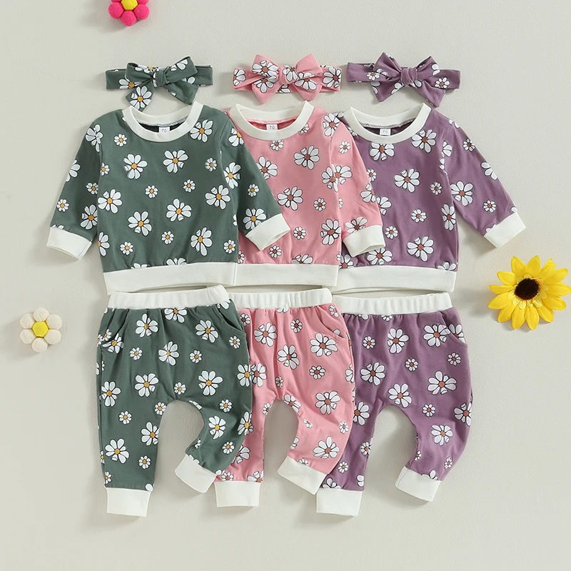 

Baby Girl Floral Print Long Sleeve Crewneck Top Pants Bow Headband 3-Piece Fall Outfit