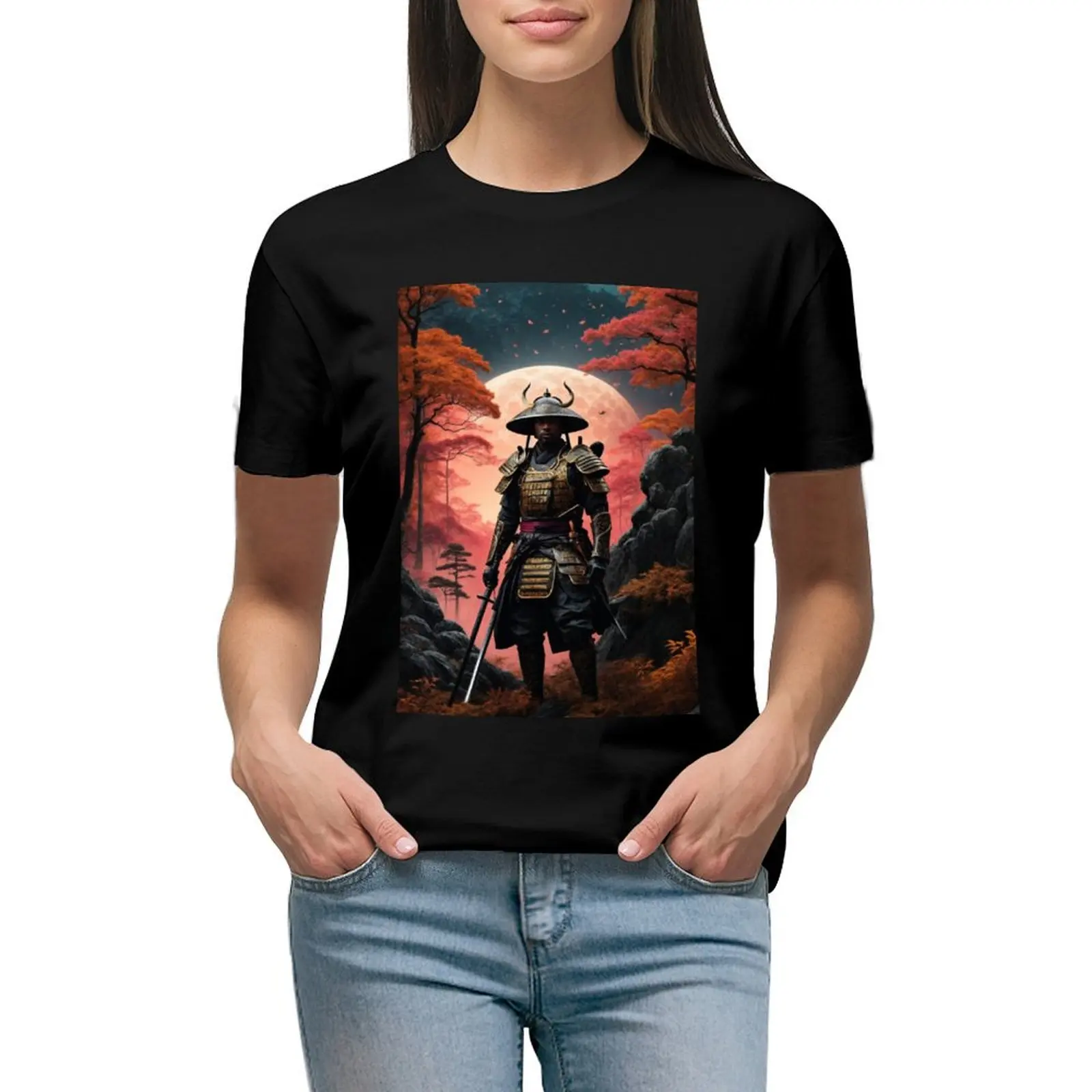 

Japanese Samurai in the Japanese maple Forest T-shirt plus size tops Women clothes