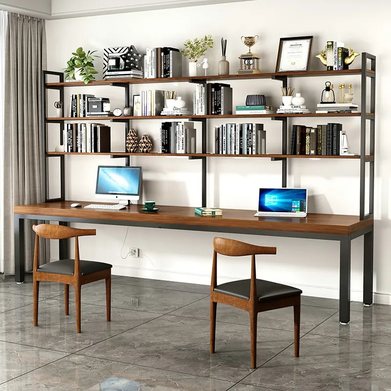 Simple solid wood desk and bookshelves in one