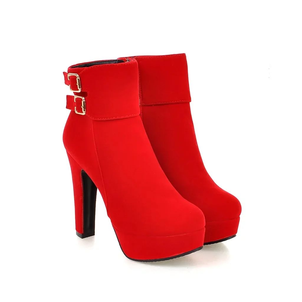 Fashion Women Ankle Boots Round Head Platform High Heel Boots Pumps Female Sexy Stiletto Zipper Stretch Fabrics Boots Black Red