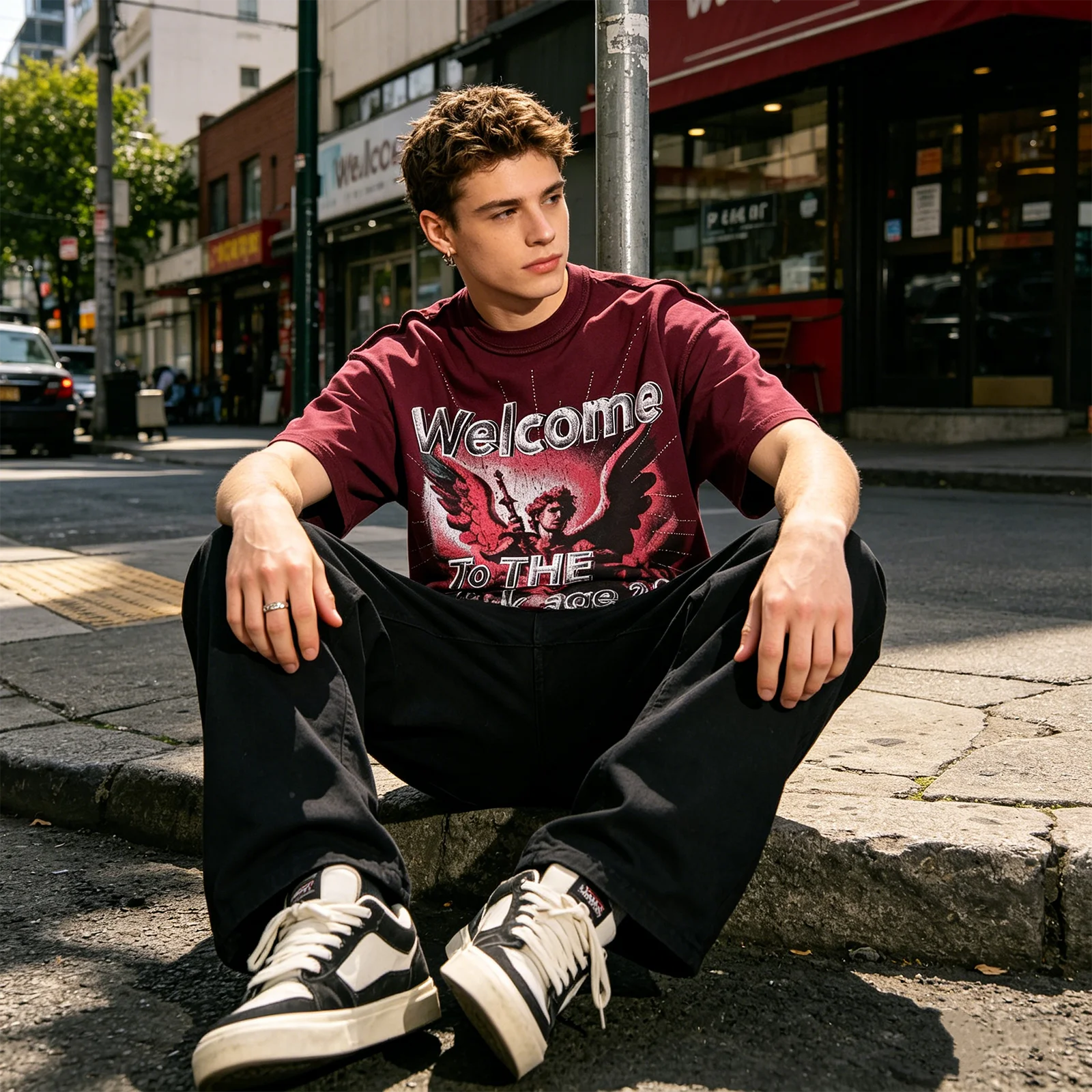 Vintage Washed Pink Angel Print Rhinestone T-shirt Men Oversized Streetwear Y2K Gothic Grunge Crew Neck Casual Graphic Tee