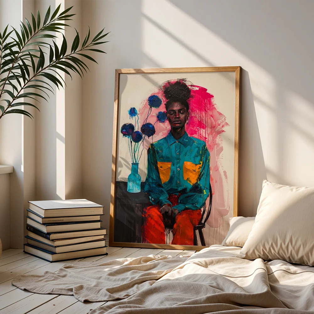2D Flat Canvas Poster Abstract African American Woman Portrait Wall Art For Living Room Office Decor Housewarming Birthday Gift