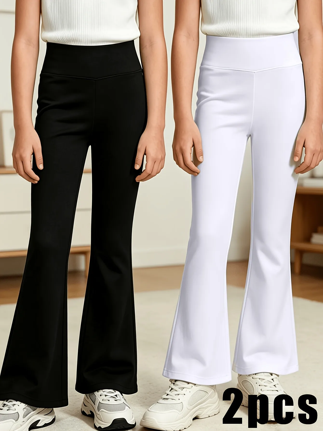 

2Pcs Kids High Waist Flare Leg Pants 3-11Y Solid Color Soft Stretchy Elastic Girls Trousers for School Casual Daily Summer Wear