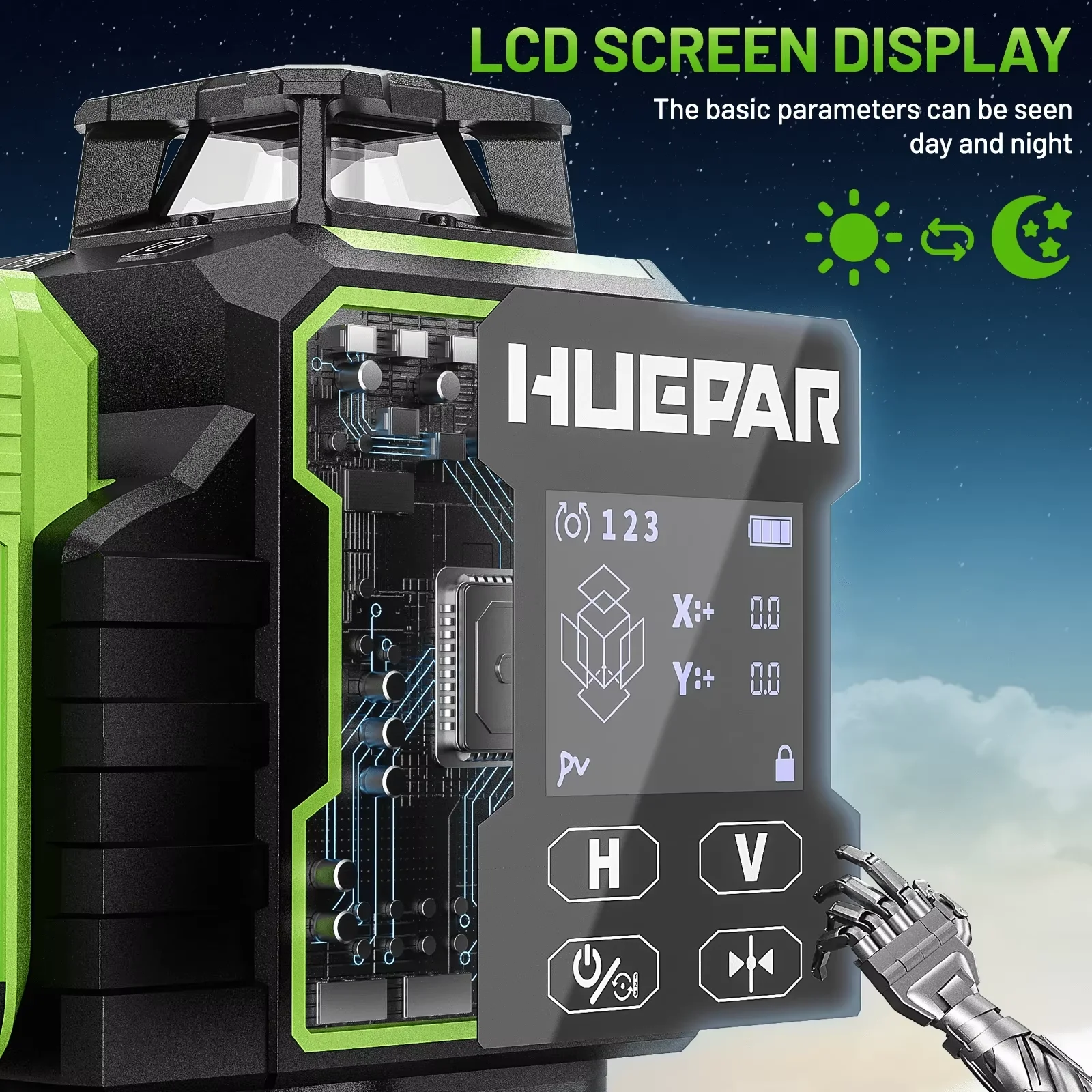 Huepar 4D Green Laser Level Self Leveling 4x360° Bluetooth Lazer Leveler Tool with Electric Rotating Base Large LCD Screen W04CG