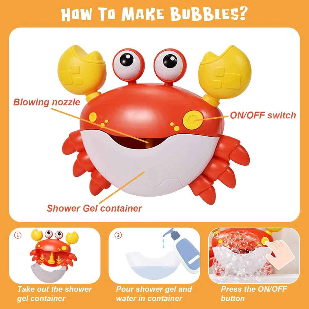 Bath Crab Bubble Machine for Toddler, Water Play, Brinquedos interativos pai-filho, Banheiro Water Play, Baterias não incluídas