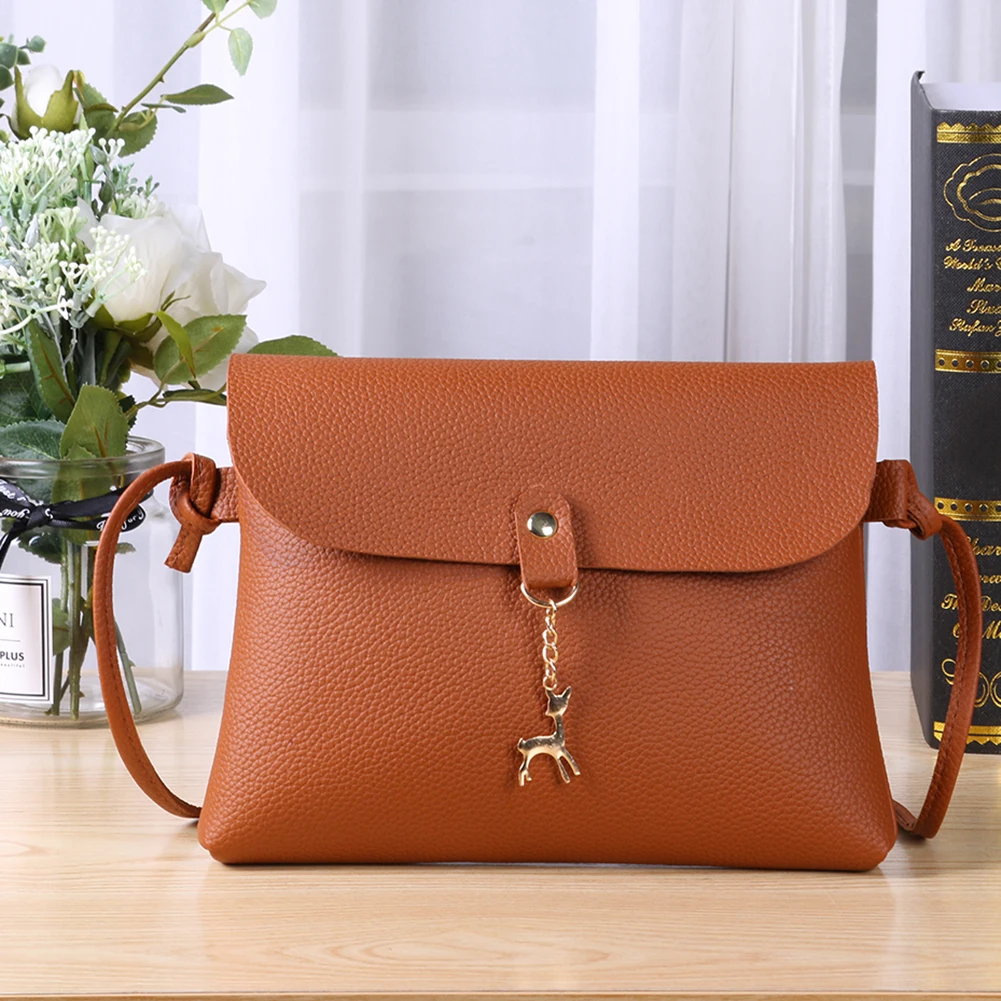 Ladies Casual Crossbody Bag PU Leather Satchel Large Capacity Shoulder Bag Women Solid Color Simple Sling Bags with Deer Pendant