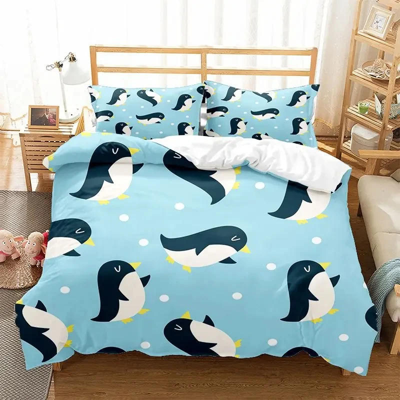 Cartoon Penguin Duvet Cover Set for Boys Girl Animated Antarctic Animal Polyester Quilt Cover White Black King Queen Size