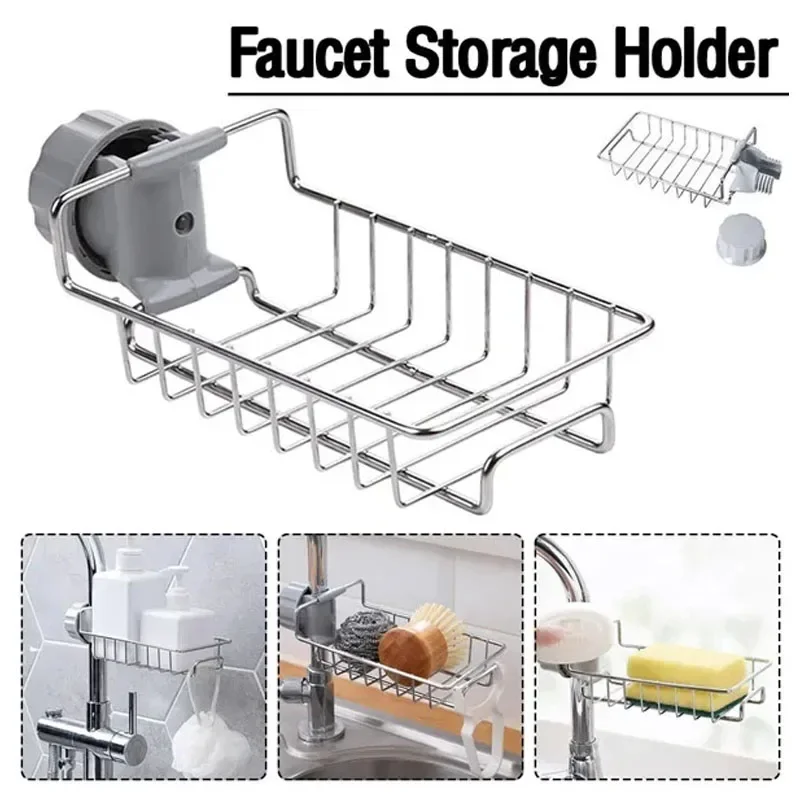 Stainless Steel Faucet Rack Kitchen Sink Sponge Holder Bathroom Soap Drainer Shelf Multi-Scene Tap Storage Organizer Accessories