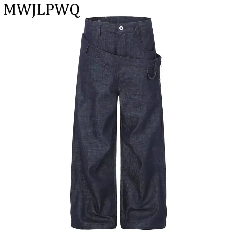 MWJLPWQ Irregular Patchwork Waitband Denim Trousers Trendy Men' Unique Deign Double Pleated Design Looe Wide-Leg Pants  17165
