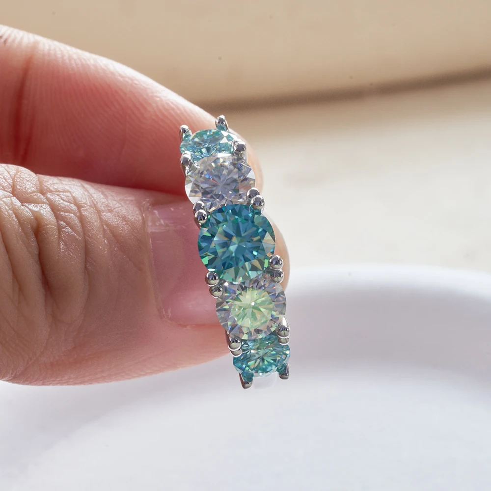 JoyceJelly 3.6CTTW Colorful GRA Moissanite Rings For Women 5 Stones Sparkling Diamond Wedding Band 925 Sterling Silver Jewelry