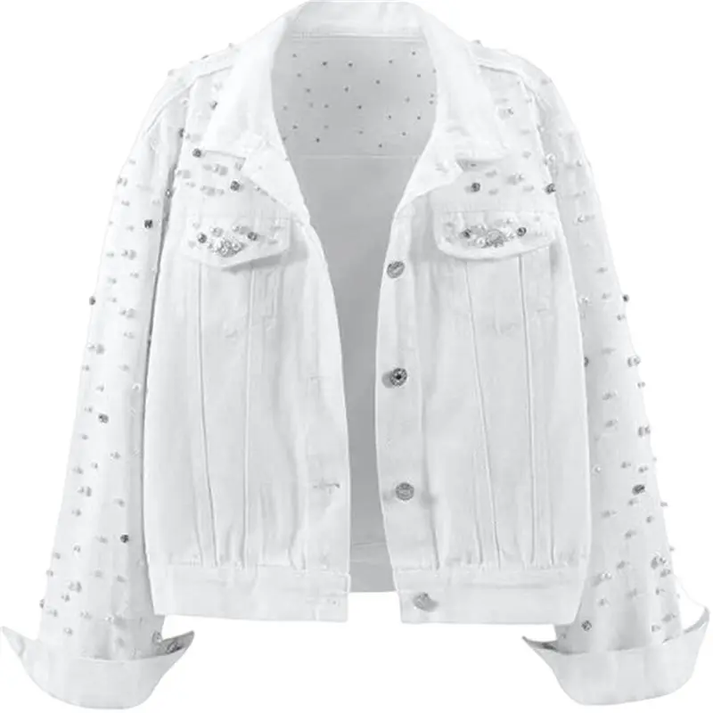 

CYL-Women's Pearl Denim Jacket Cropped Rhinestones Jean Jacket Coat