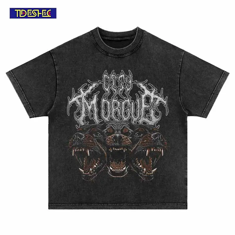 Vintage Black Tshirt Beast Rottweiler Dog Graphic Print Washed T-Shirt Streetwear Hip Hop Punk Gothic Loose 2024 Harajuku Tops
