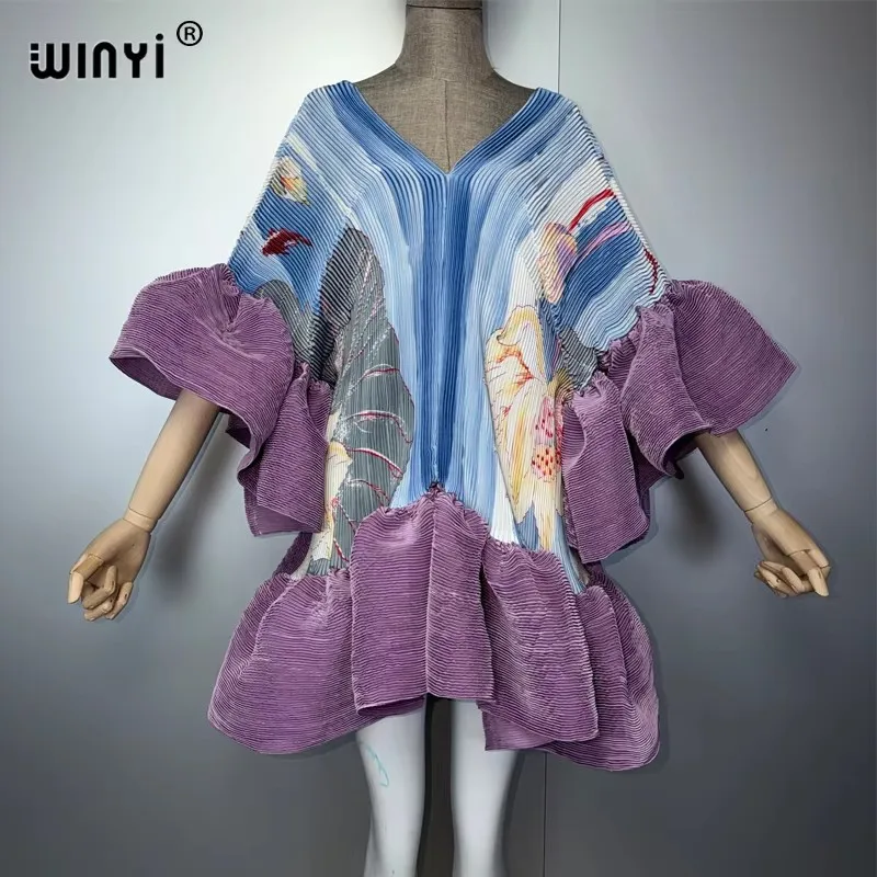 WINYI Women's Pleated Elastic Short Dress Elegant Beach Cover up Kaftan Abaya for Dubai Luxury Evening Wear Muslim Fashion