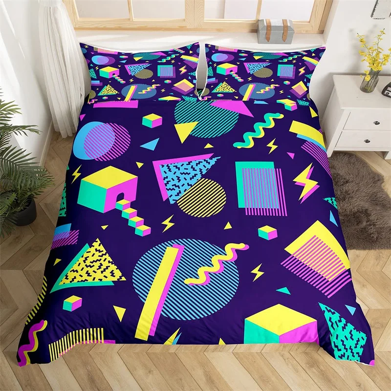 Psychedelic 3D Geometric Duvet Cover Microfiber Colorful Pop Abstract Art Comforter Cover Retro 80s Style Bedding Set Queen Size