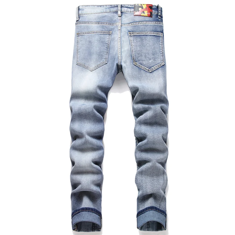 Patchwork skinny jeans men's motorcycle style fashion street slim fit nostalgic retro design blue punk trousers