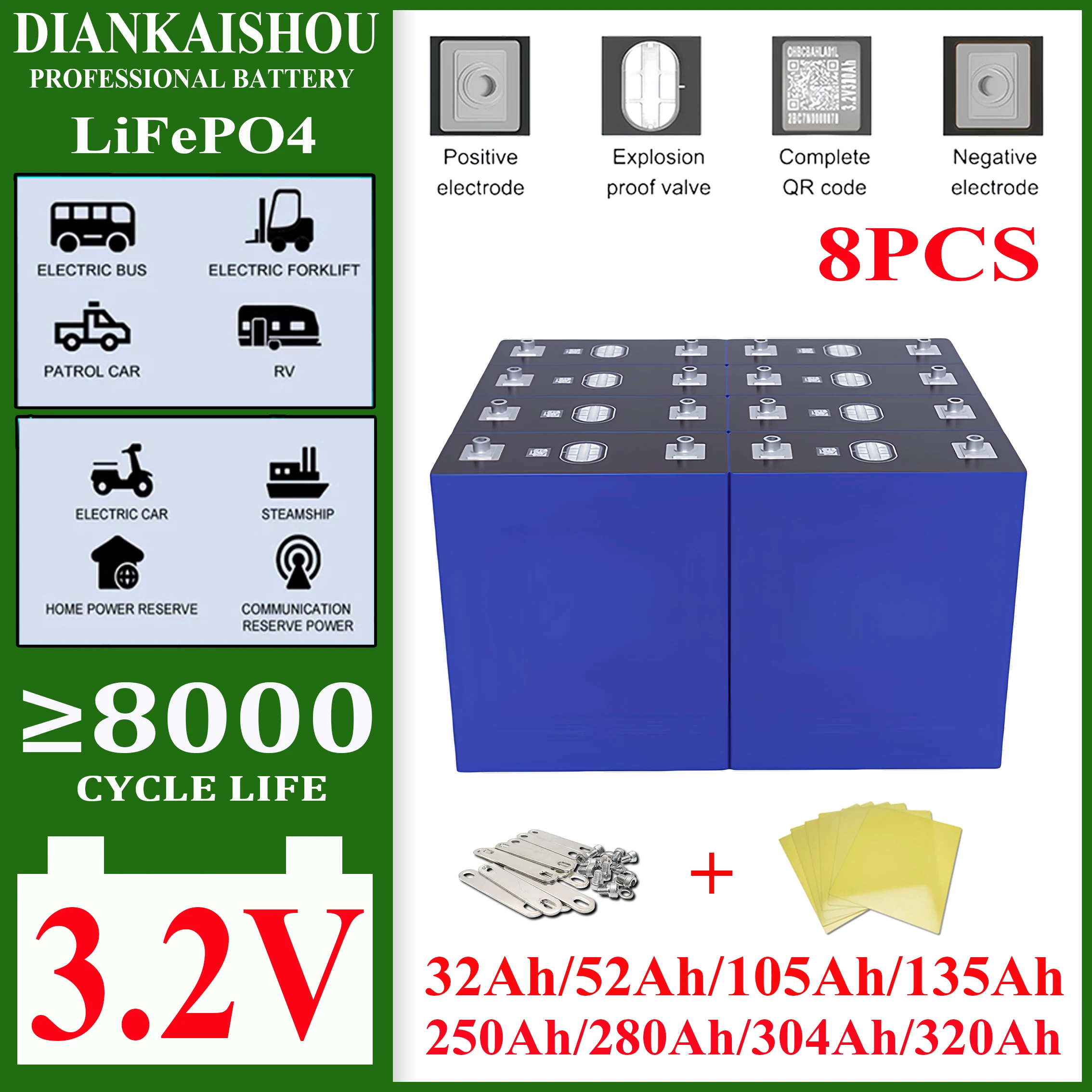 New 8PCS Lifepo4 3.2V 320Ah 304Ah 280Ah 135Ah 105Ah 32Ah Battery Lithium Iron Phosphate Solar Cell 12v 24v Off-grid Solar Wind