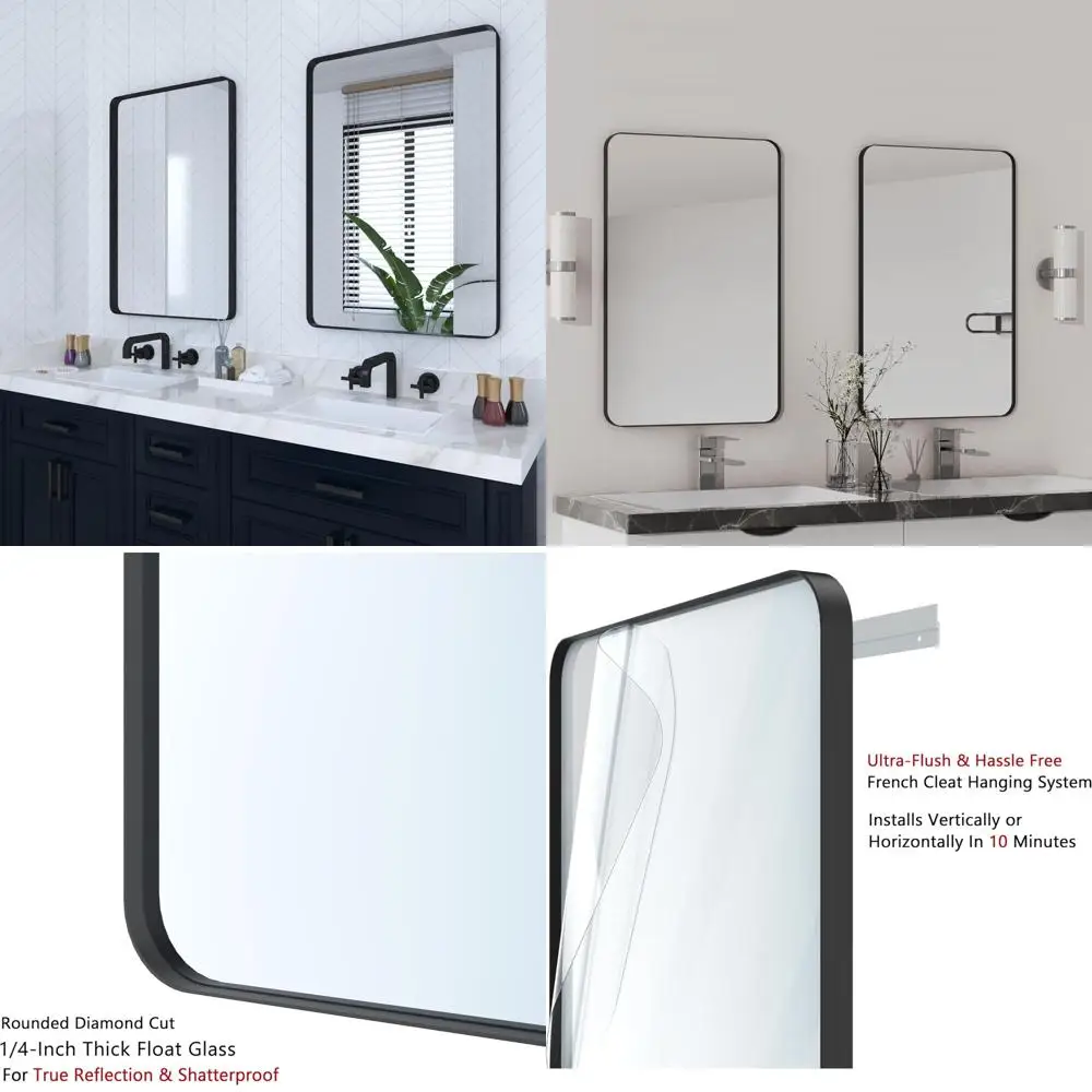 

Черные зеркала для ванной комнаты VocalStar, 2 шт., 24 x 36 дюймов, закругленное прямоугольное настенное зеркало для ванной комнаты в металлической рамке для раковины,