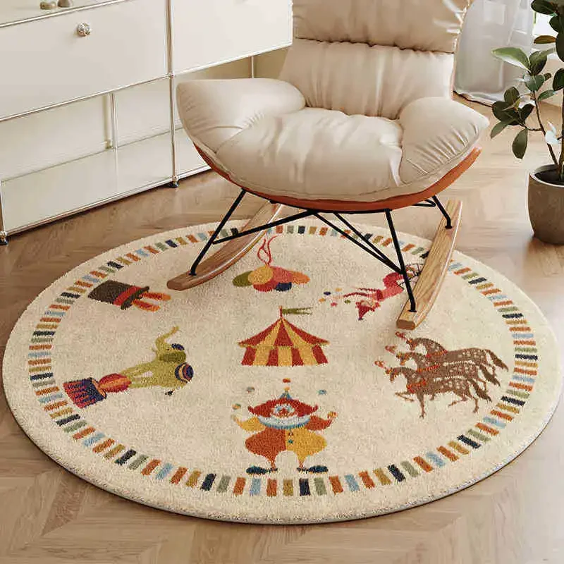 Vintage Round Faux Cashmere Rug TPR Non‑Slip Polyester Carpet Stain‑Resistant Warm Mat for Living Room Rocking Chair Home Decor