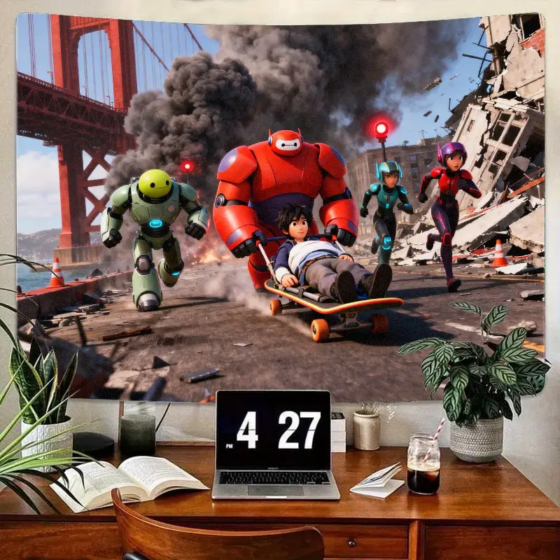 

1PC Big Hero 6 Baymax Hiro Team Adventure Tapestry, Modern Polyester Wall Art for Kids Bedroom Dorm Living Room Decor Gift.