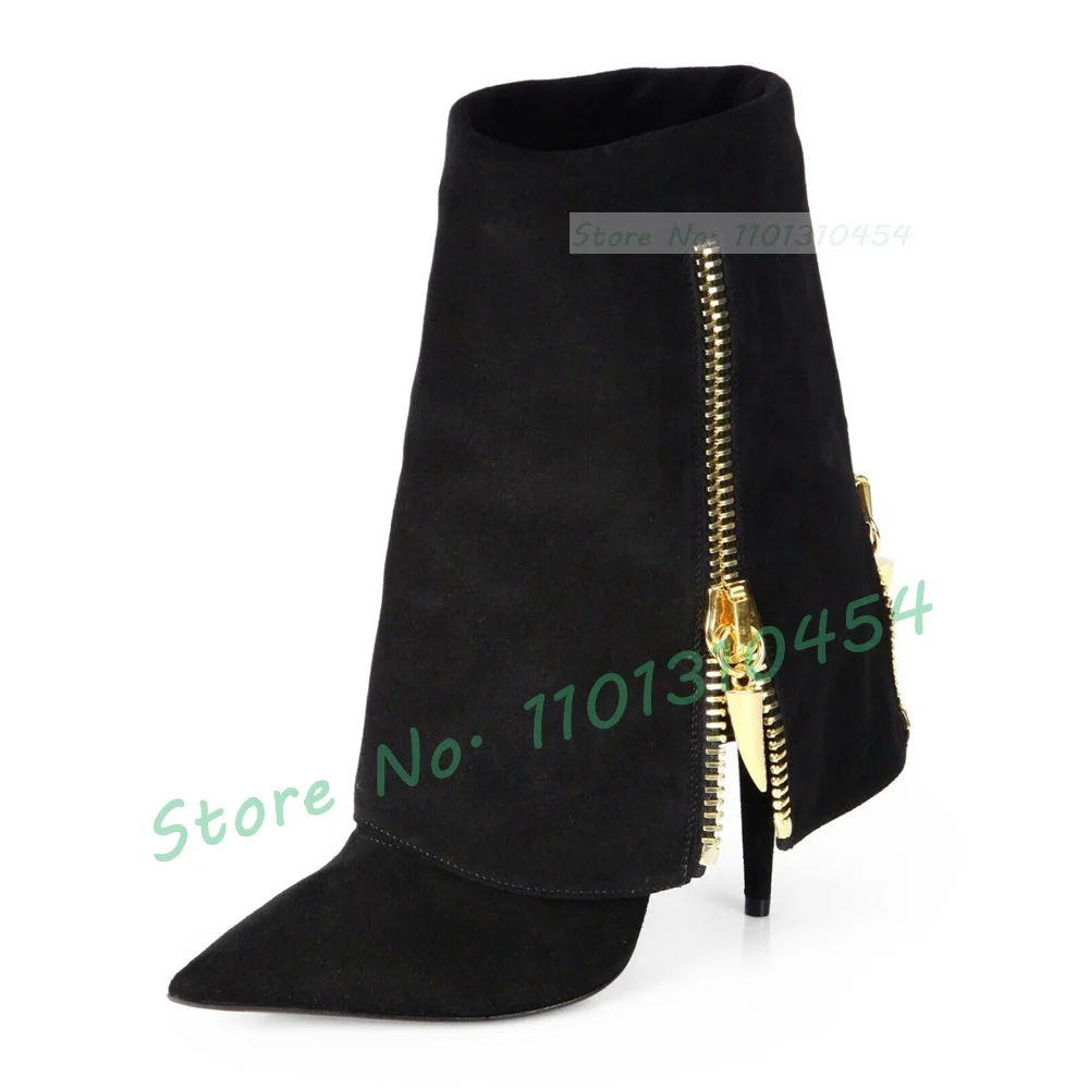 Gold Zipper Decor Booties Women Stylish Pointy Toe Fold Over High Heels Suede Shoes Ladies Streetwear Party Outdoor Metal Boots