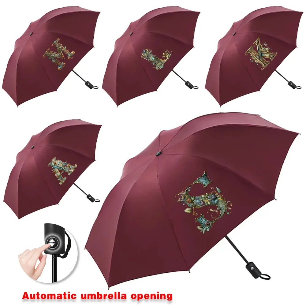 Umbrella for Sunshine and Rainy Windproof Strong Automatic Folding Buckle Handle Double Bone Resistant Graphic Letter Printed