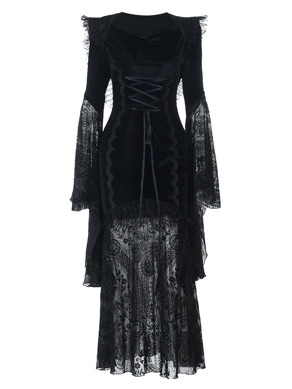 Gothic Sle Halloween K Heksenkostuum Dr Belted Cowl Ne Lange Rok met Puffy Sves Dames Faion Polyestervezel