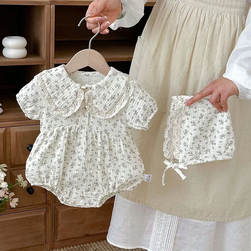 2026 New Summer Infant Baby Girls Bodysuits+Hat Short Sleeved Cotton Print Korean Style Climbing Suit 0-24M Baby Girl Clothing